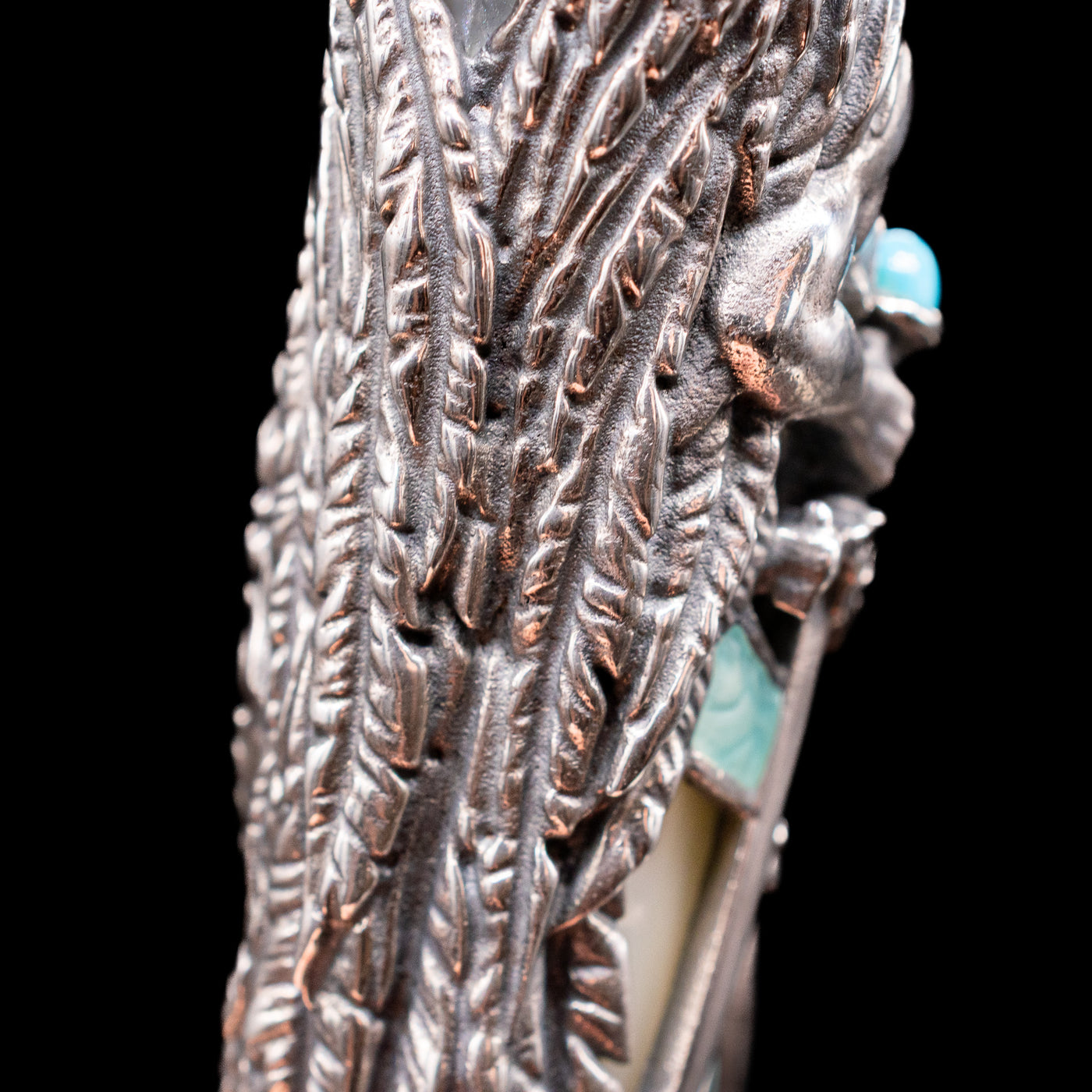 A detail shot of Michael's wings on the back of the cap on the Montegrappa My Guardian Angel Rollerbal Pen.