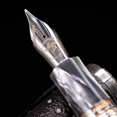  A macro shot of the nib with its intricate detailing and logo engraving for the Montegrappa The Witcher: Mutation Fountain Pen.