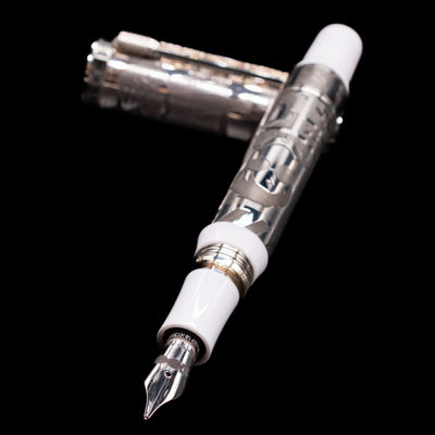 Montegrappa Warner Brothers 100th Anniversary Fountain Pen laying across its own cap, crossed, with a focus on the nib