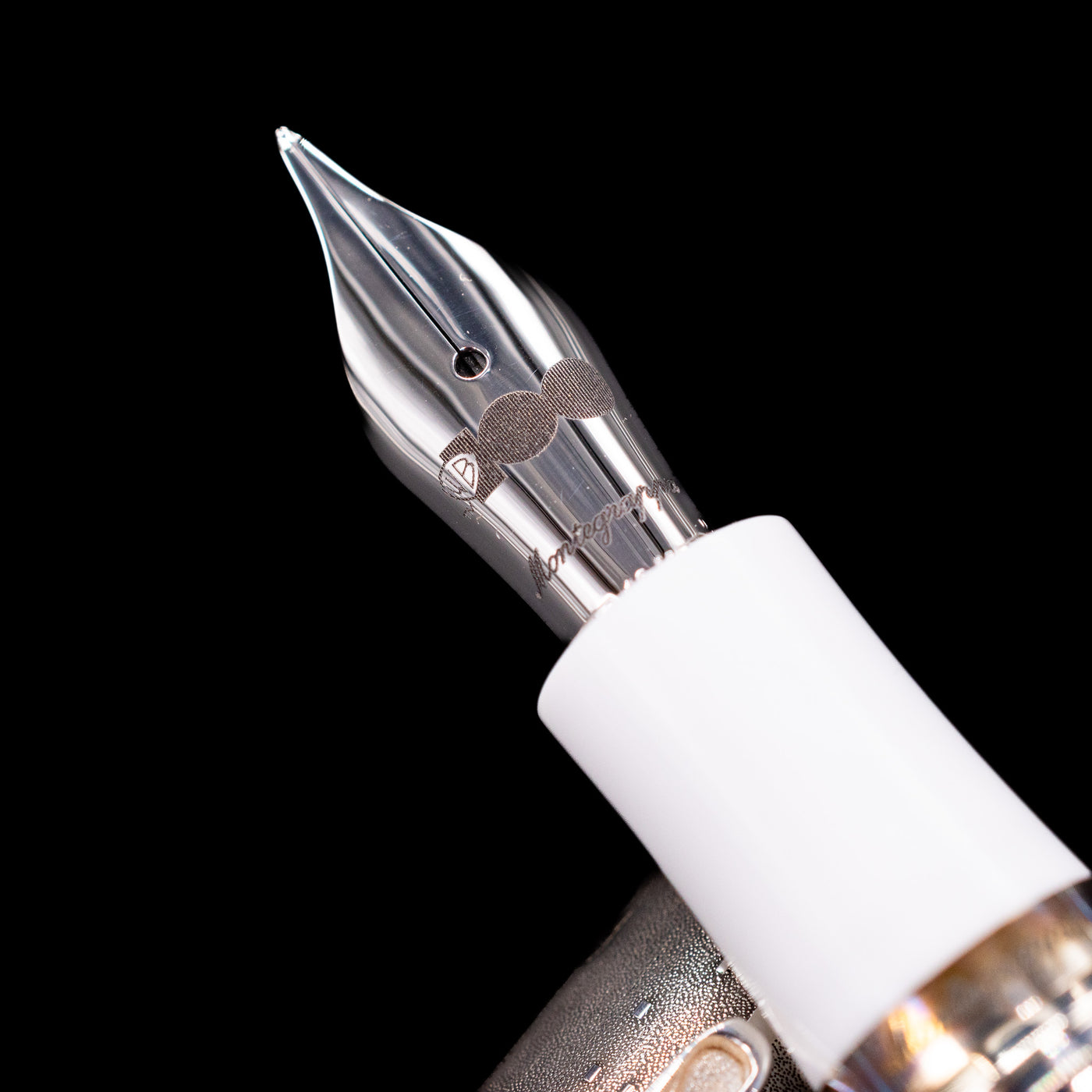 A macro shot of the nib with its intricate detailing and logo engraving for the Montegrappa Warner Brothers 100th Anniversary Fountain Pen.