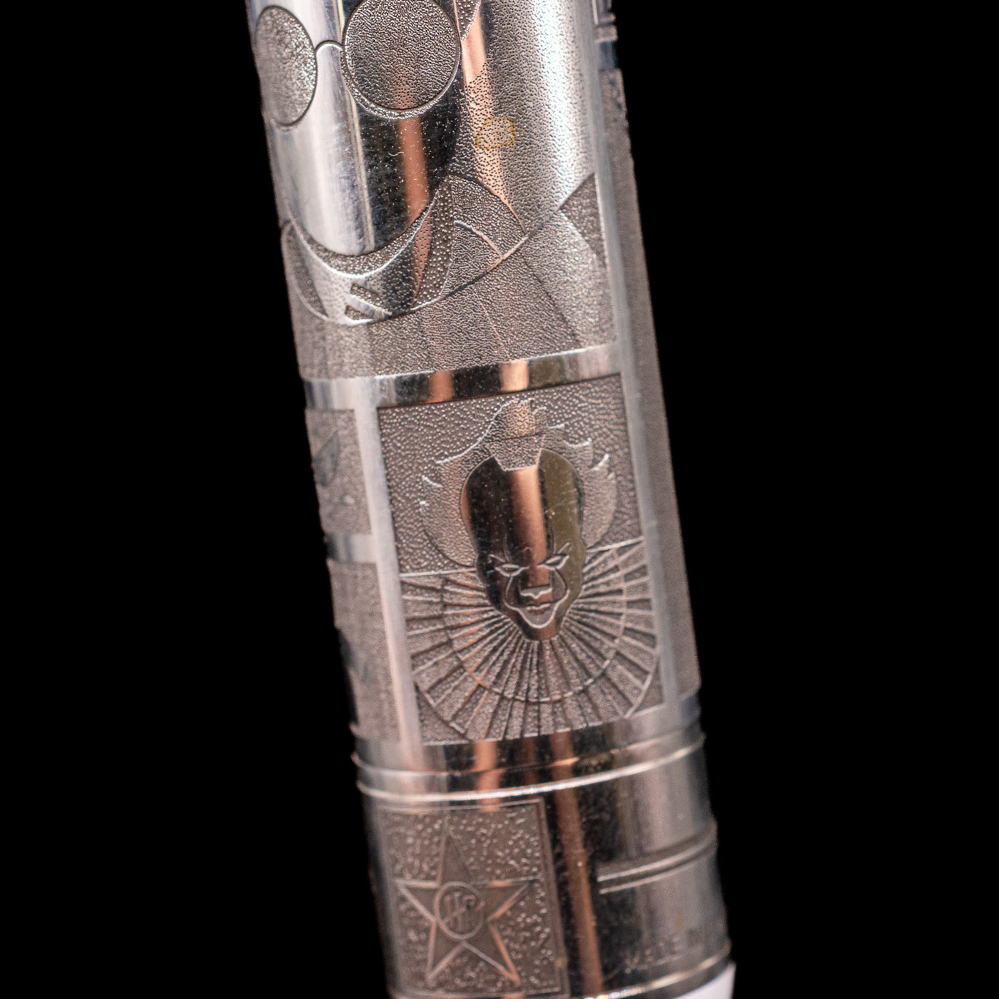 A detail shot of the It movie feature on the Montegrappa Warner Brothers 100th Anniversary Rollerball Pen.