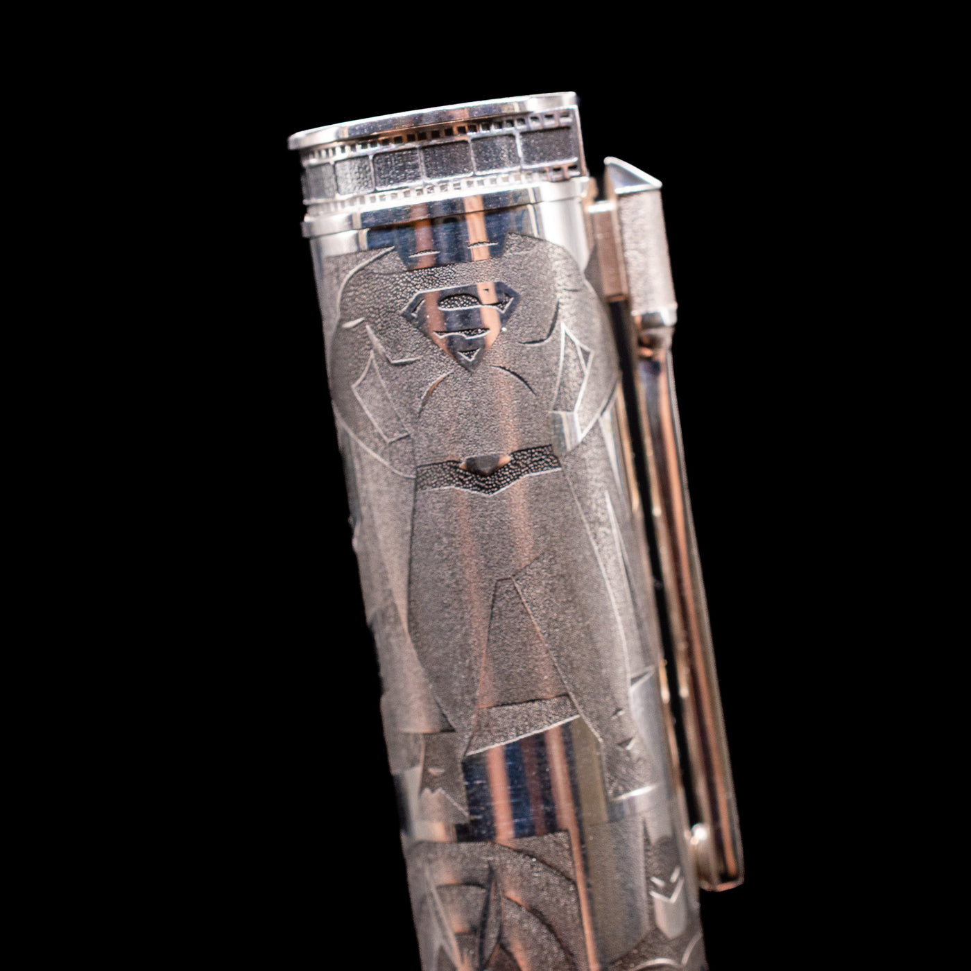 A detail shot of the superman feature on the Montegrappa Warner Brothers 100th Anniversary Rollerball Pen.