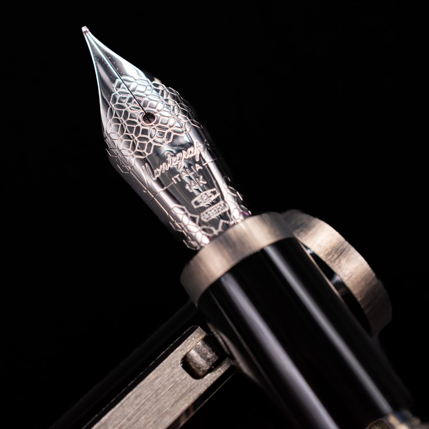 A macro shot of the nib with its intricate detailing and logo engraving for the Montegrappa Zero Black & Palladium Fountain Pen - Preowned.