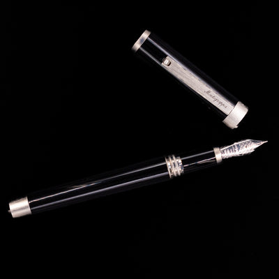An overhead view of the Montegrappa Zero Black & Palladium Fountain Pen - Preowned uncapped.
