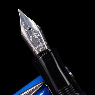 A macro shot of the nib with its intricate detailing and logo engraving for the Monteverde Aldo Domani Italia Fountain Pen - Exotic Blue.