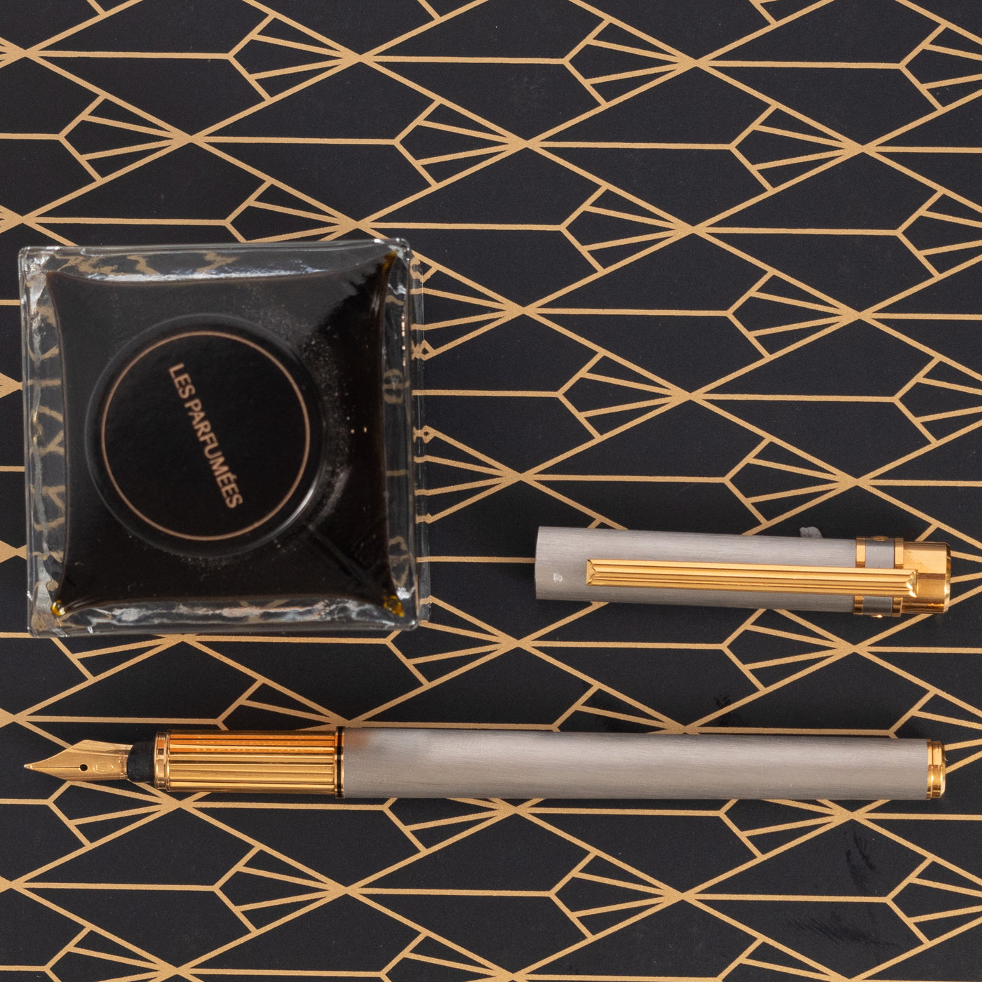 Satin Steel and Gold Details on Vintage Cartier Santos Fountain Pen - 18K Gold Nib