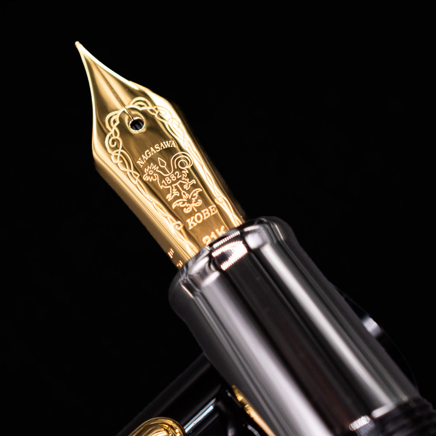 A macro shot of the nib with its intricate detailing and logo engraving for the Nagasawa Original Large Piston Fountain Pen - Realo FL (For Lawyer).