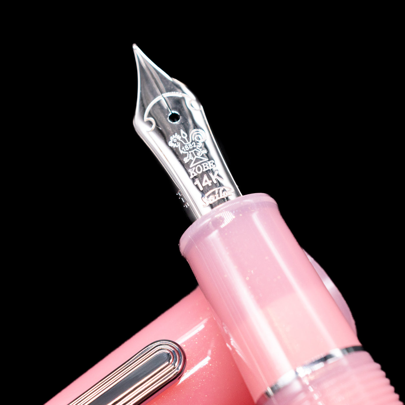  A macro shot of the nib with its intricate detailing and logo engraving for the Nagasawa Original Standard Onomatopoeia Fountain Pen - Doki Doki.