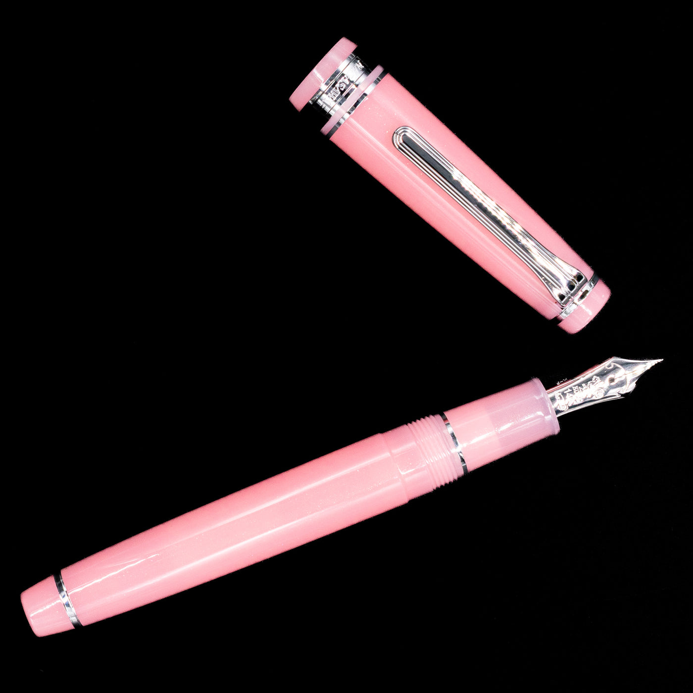 An overhead view of the Nagasawa Original Standard Onomatopoeia Fountain Pen - Doki Doki uncapped.