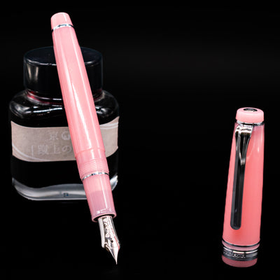 Nagasawa Original Standard Onomatopoeia Fountain Pen - Doki Doki leaning on an ink bottle uncapped showcasing the detailing on the nib.