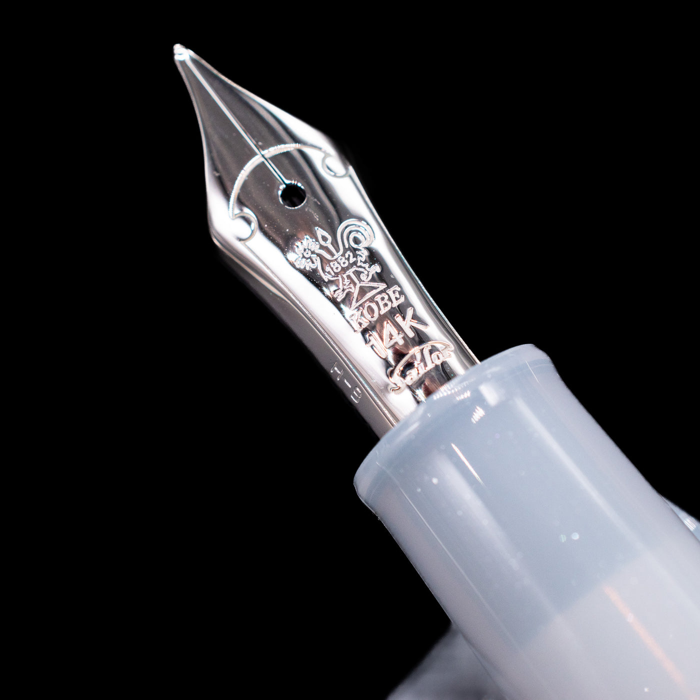 A macro shot of the nib with its intricate detailing and logo engraving for the Nagasawa Original Standard Onomatopoeia Fountain Pen - Kasya Kasya.