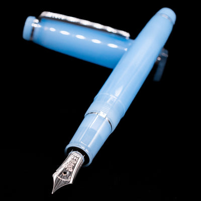 Nagasawa Original Standard Onomatopoeia Fountain Pen - Puka Puka laying across its own cap, crossed, with a focus on the nib.