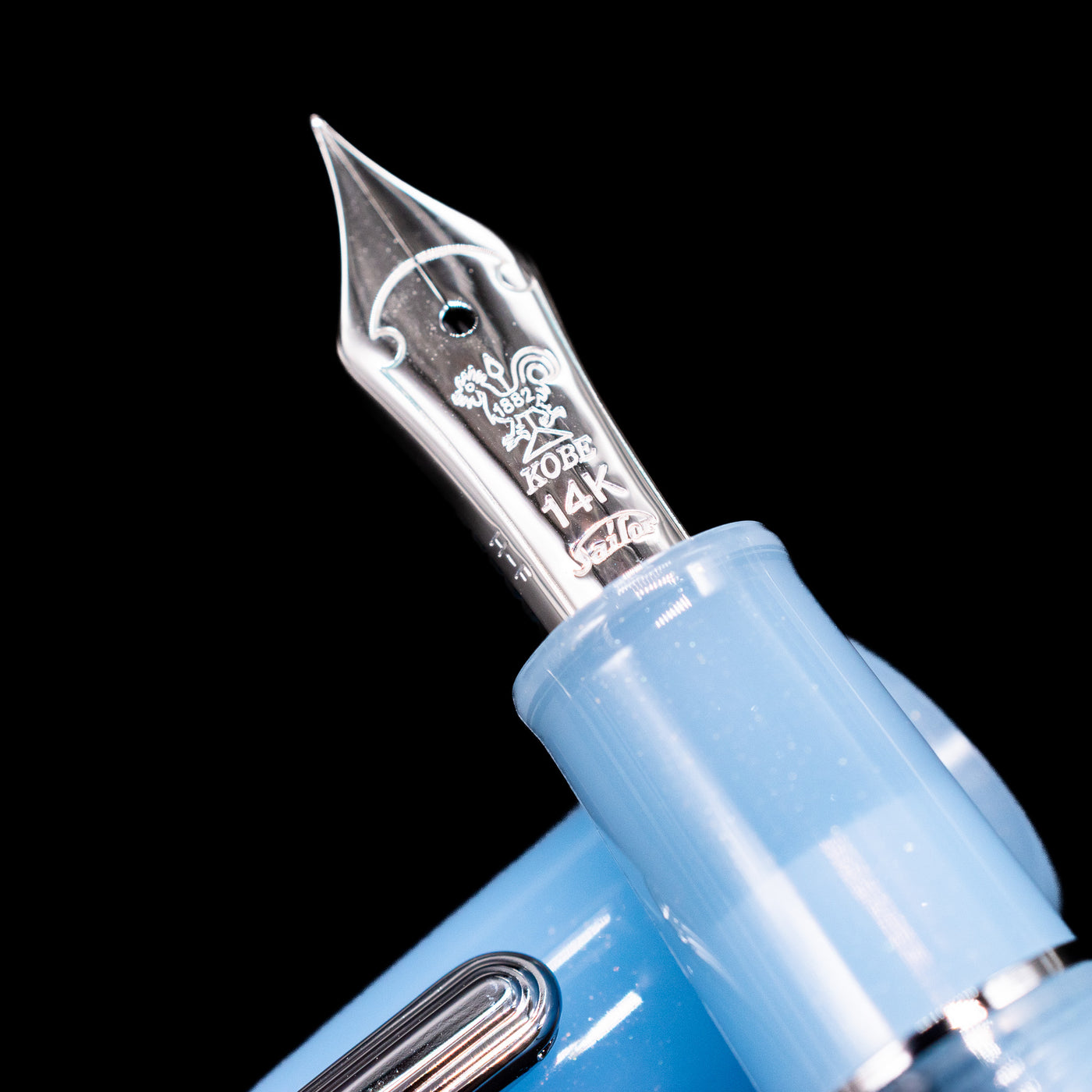 A macro shot of the nib with its intricate detailing and logo engraving for the Nagasawa Original Standard Onomatopoeia Fountain Pen - Puka Puka.