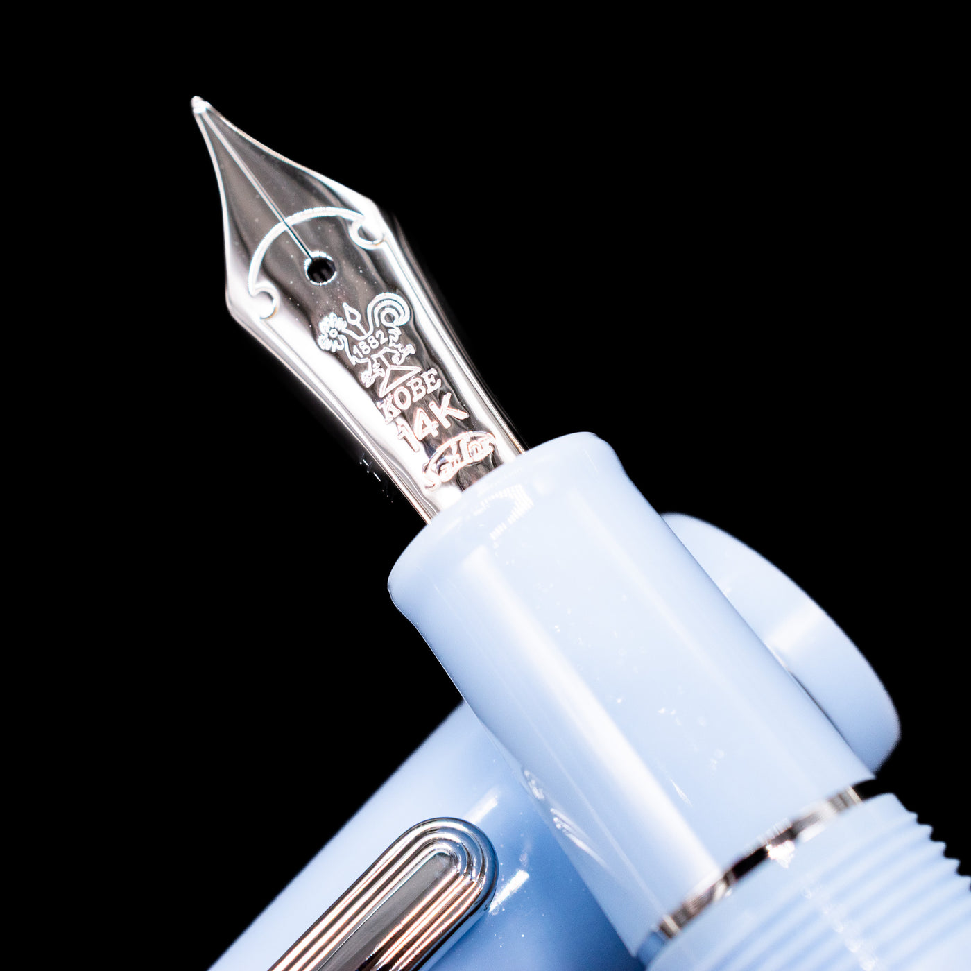 A macro shot of the nib with its intricate detailing and logo engraving for the Nagasawa Original Standard Rokko Fountain Pen - Island Sky.