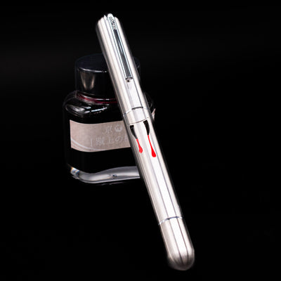 Nahvalur Dracula Fountain Pen capped, leaning against an ink bottle.