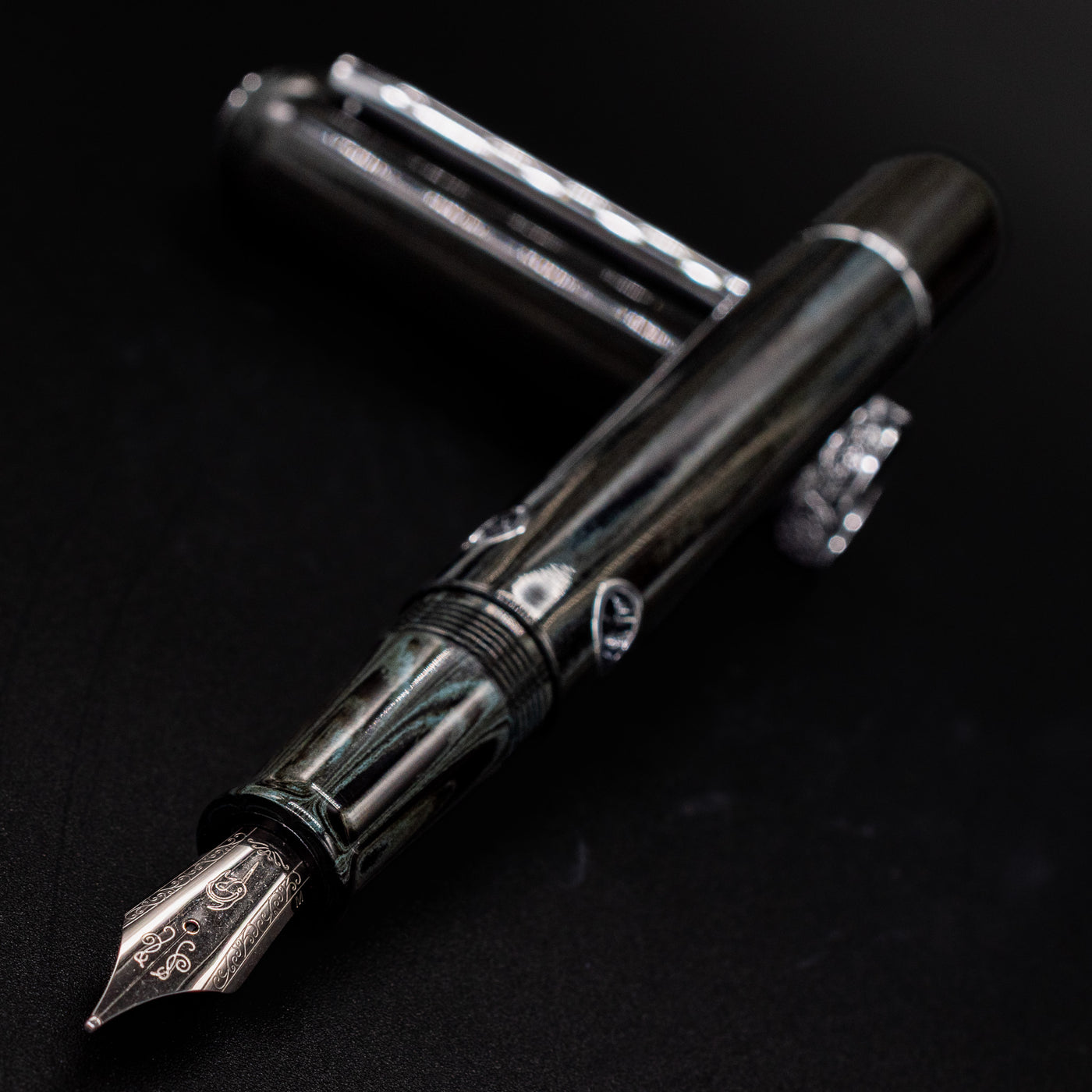 Close-up of Nahvalur Leviathan fountain pen nib – stainless steel #6 nib with engraved detail, exclusive to Truphae