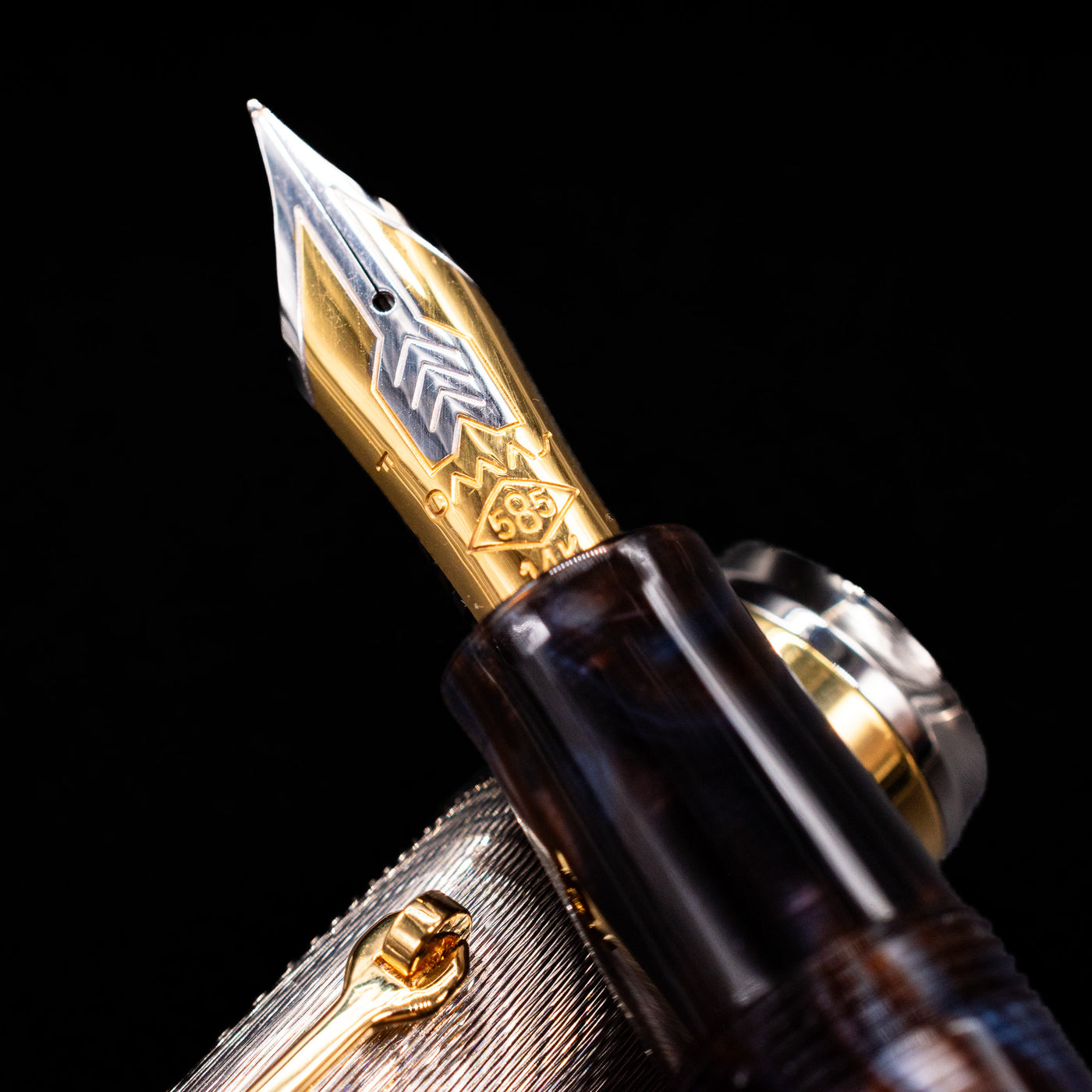  A macro shot of the nib with its intricate detailing and logo engraving for the OMAS Bologna Fountain Pen - Galassia Argento.