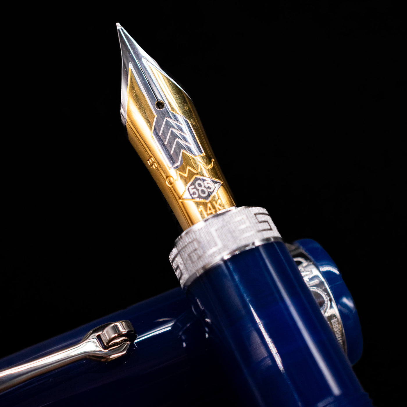 A macro shot of the nib with its intricate detailing and logo engraving for the Omas Ogiva Fountain Pen - Blue Silver.