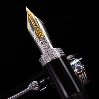 A macro shot of the nib with its intricate detailing and logo engraving for the Omas Ogiva Fountain Pen - Nera Silver.