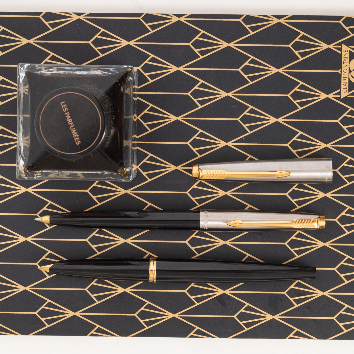 Parker 45 Black & Silver GT Fountain Pen & Ballpoint Pen Set - Preowned Black and Silver
