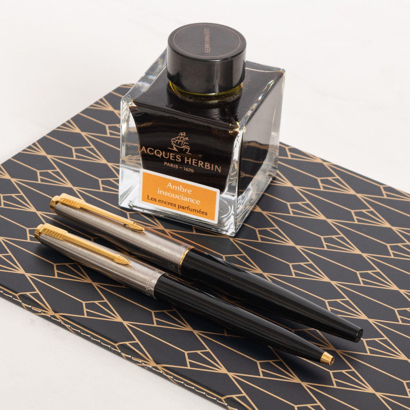 Parker 45 Black & Silver GT Fountain Pen & Ballpoint Pen Set - Preowned Capped