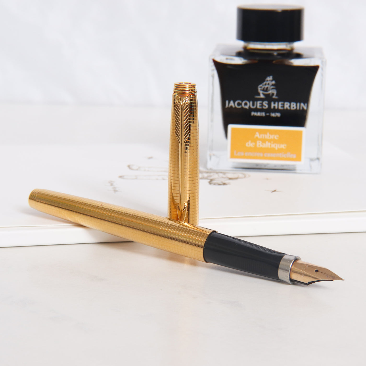 Parker 75 Insignia Gold Grid Pattern Fountain Pen - Preowned Uncapped