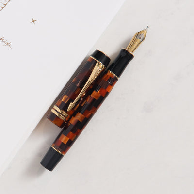 Parker Duofold Centennial Amber Check Fountain Pen - Preowned Brown and Black