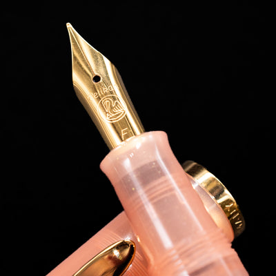  A macro shot of the nib with its intricate detailing and logo engraving for the Pelikan Classic M200 Fountain Pen - Apricot Achat.