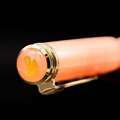 Zoomed-in view of the top of the cap with the finial on the Pelikan Classic M200 Fountain Pen - Apricot Achat.
