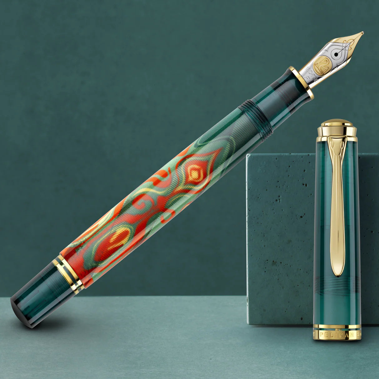 Pelikan Souverän M601 Art Collection II Rudi Rother Special Edition fountain pen with patterned Art Nouveau barrel and green demonstrator cap