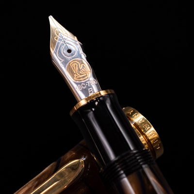 A macro shot of the nib with its intricate detailing and logo engraving for the Pelikan Souveran M800 Fountain Pen - Grand Place.