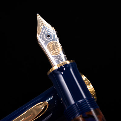 Close-up of the bi-color 18k gold nib on the preowned Pelikan Souverän M800 Stone Garden fountain pen, showing intricate engravings and precise detailing.