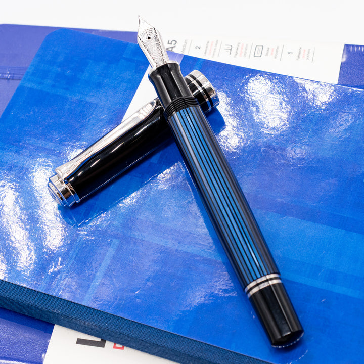 Pelikan Souverän M205 Blue Marble Fountain Pen - Broad Nib, Classic German Design