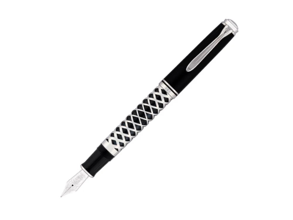 Fountain pen with black and silver design on a white background