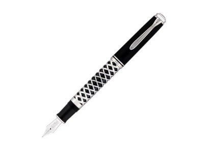 Fountain pen with black and silver design on a white background