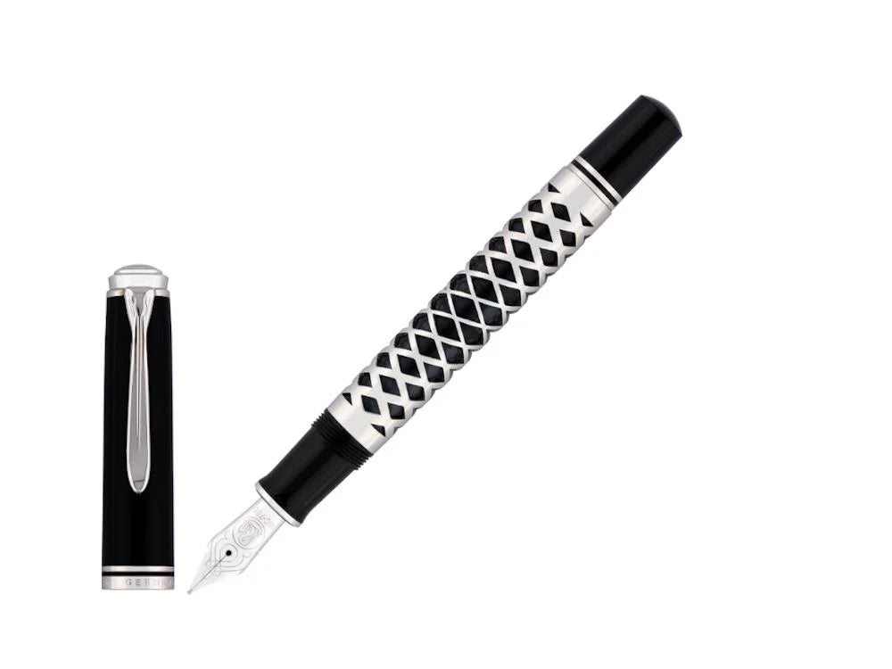 Fountain pen with black and silver design on a white background