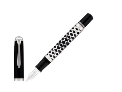 Fountain pen with black and silver design on a white background