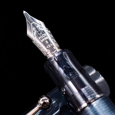 A macro shot of the nib with its intricate detailing and logo engraving for the Pilot Custom 74 Fountain Pen - Blue Stone.