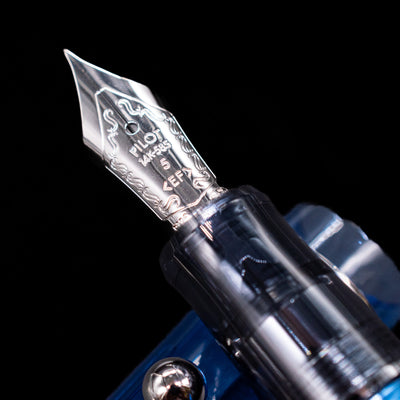 A macro shot of the nib with its intricate detailing and logo engraving for the Pilot Custom 74 Fountain Pen - Blue.