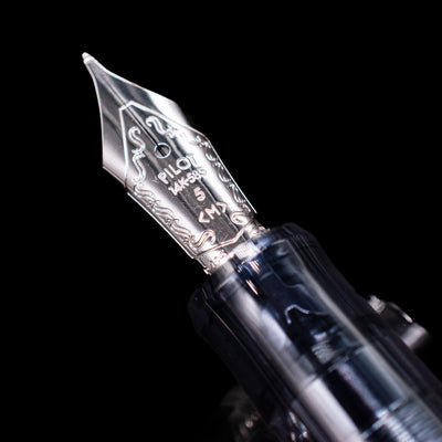 A macro shot of the nib with its intricate detailing and logo engraving for the Pilot Custom 74 Fountain Pen - Clear.