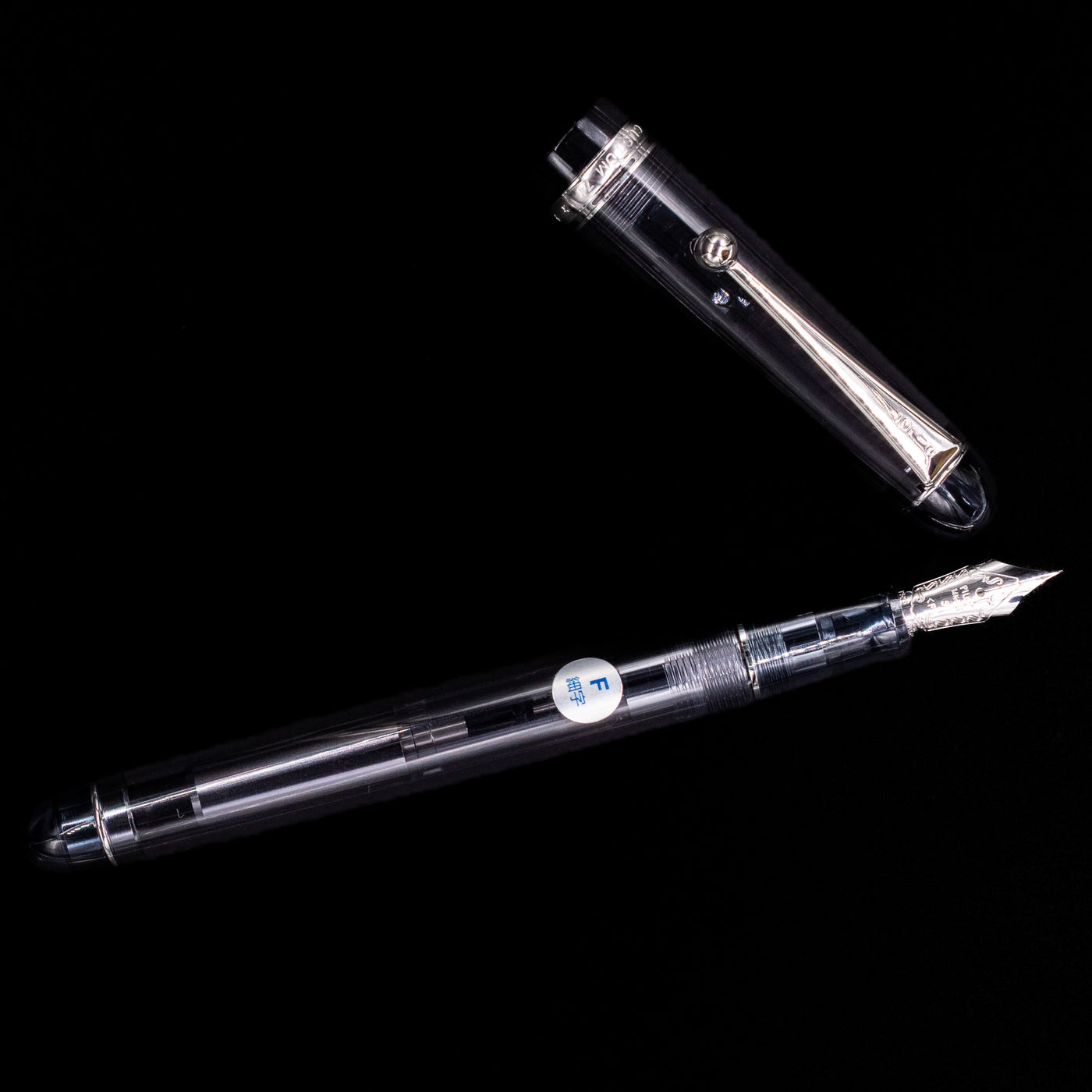 An overhead view of the Pilot Custom 74 Fountain Pen - Smoke uncapped.