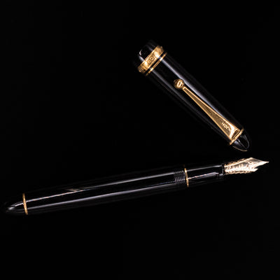 An overhead view of the Pilot Custom 742 Black Fountain Pen - Preowned uncapped.