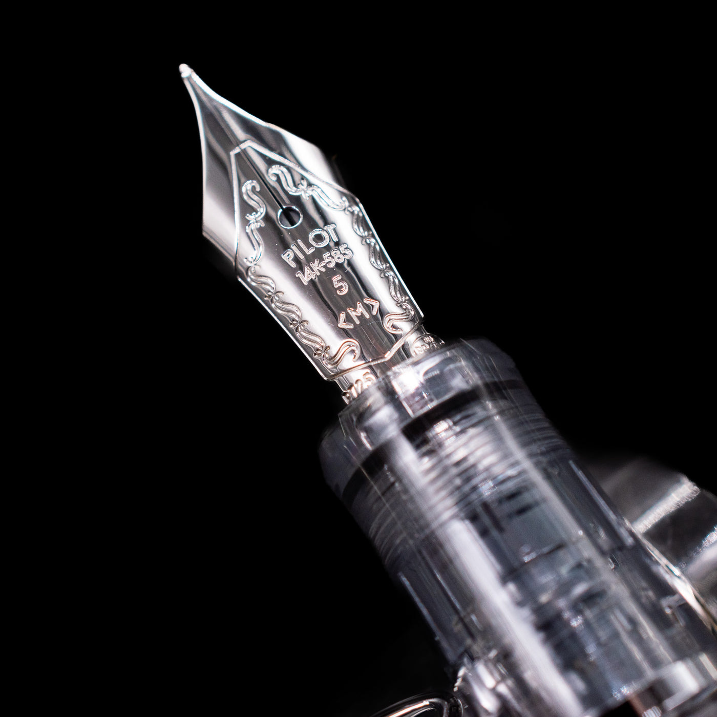 A macro shot of the nib with its intricate detailing and logo engraving for the Pilot Custom Heritage 92 Fountain Pen - Clear.