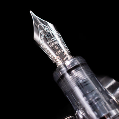 A macro shot of the nib with its intricate detailing and logo engraving for the Pilot Custom Heritage 92 Fountain Pen - Clear.