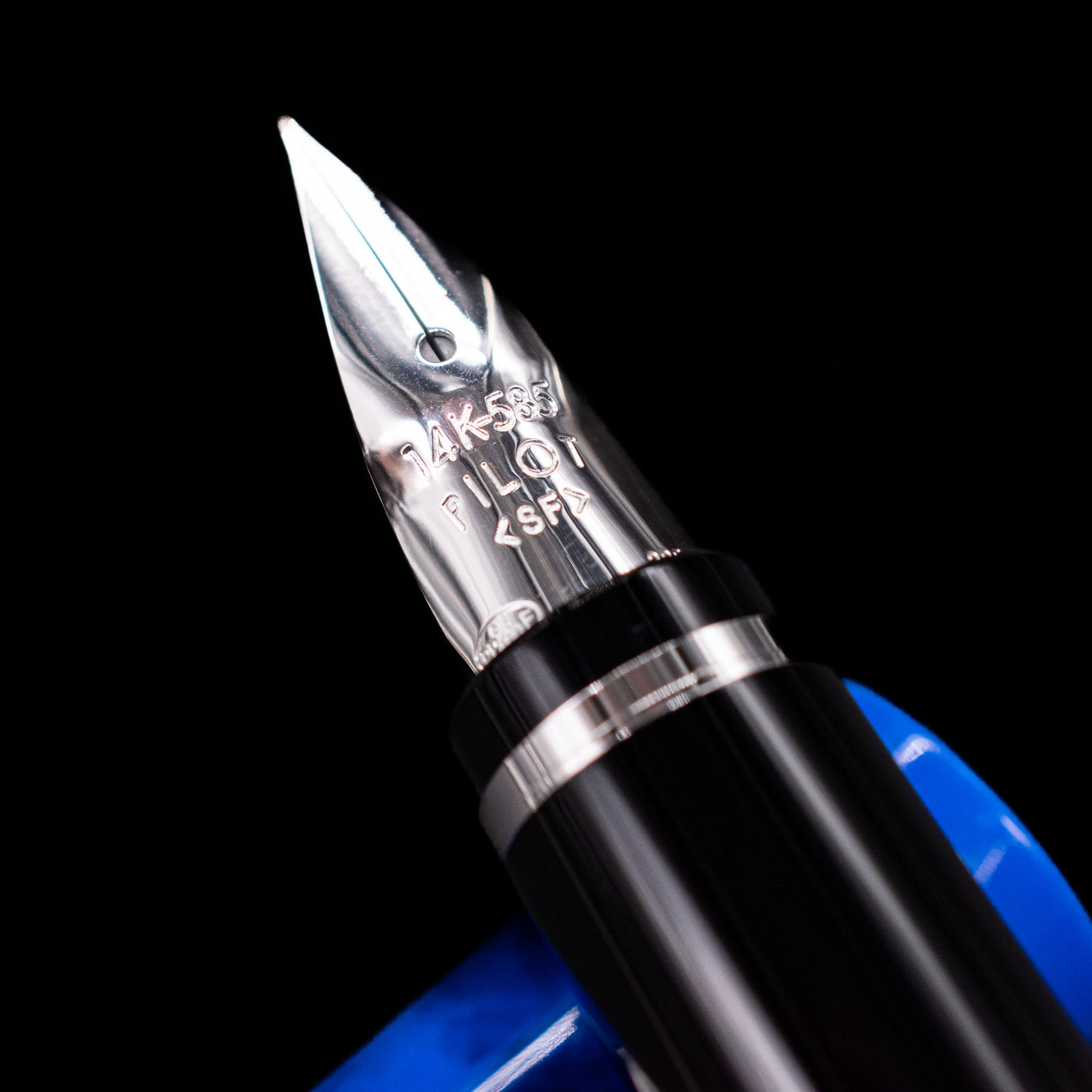 A macro shot of the nib with its intricate detailing and logo engraving for the Pilot Falcon Fountain Pen - Blue.