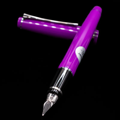 Pilot Falcon Fountain Pen - Purple laying across its own cap, crossed, with a focus on the nib.