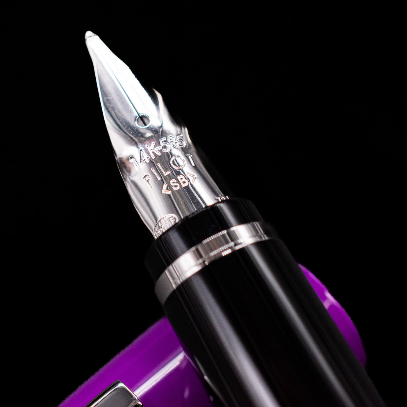 A macro shot of the nib with its intricate detailing and logo engraving for the Pilot Falcon Fountain Pen - Purple.