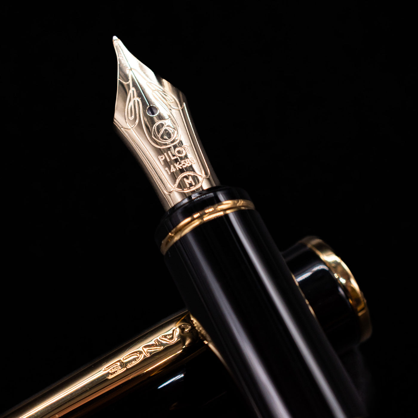 A macro shot of the nib with its intricate detailing and logo engraving for the Pilot Grance Fountain Pen - Black.