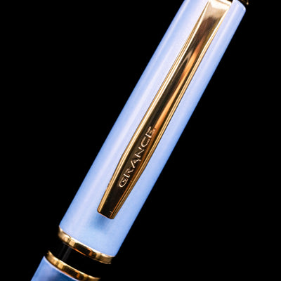 A close-up shot of the clip of the Pilot Grance Fountain Pen - Light Blue with the "grance" lettering.