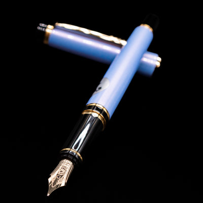 Pilot Grance Fountain Pen - Light Blue laying across its own cap, crossed, with a focus on the nib.